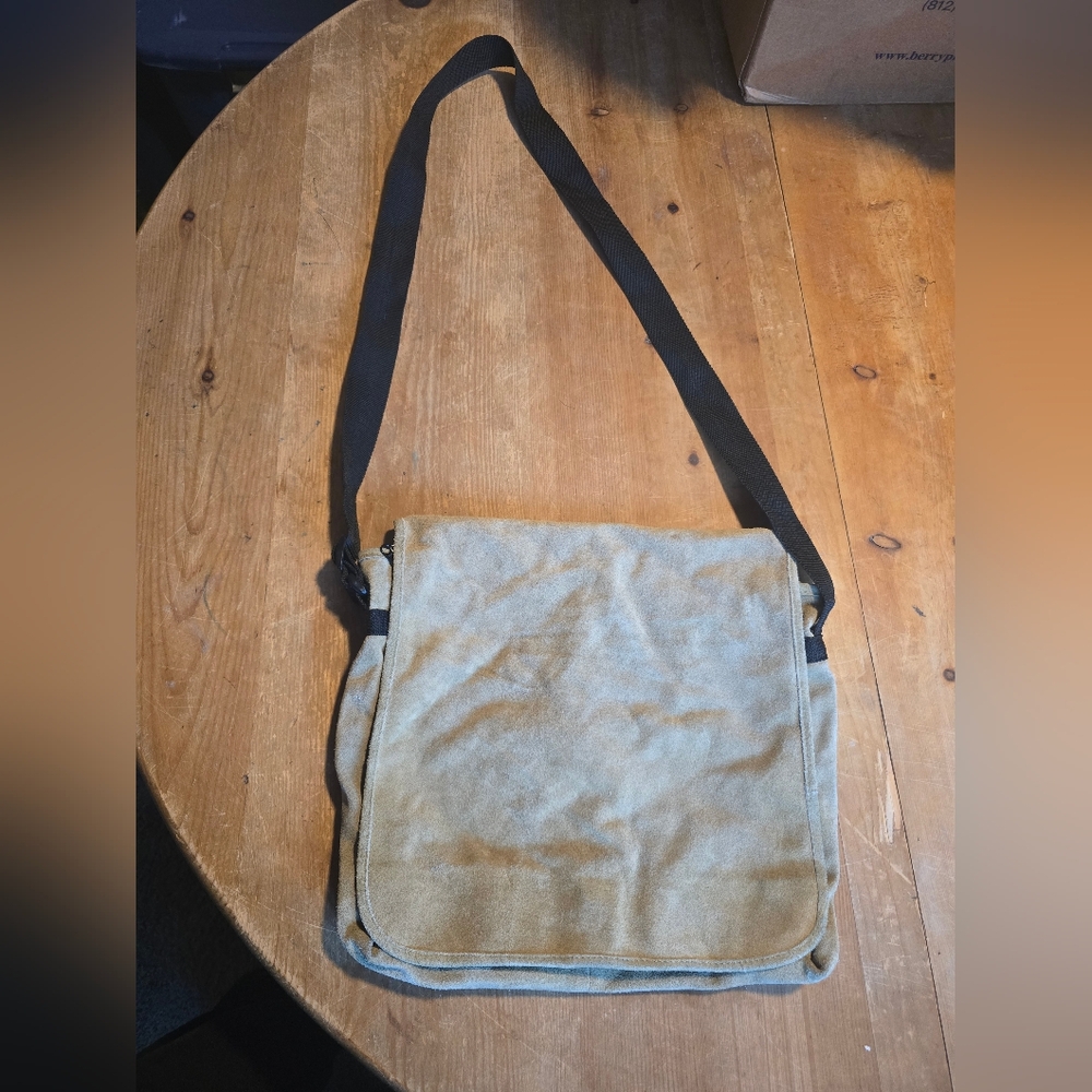 Suede Classic Tan Messenger Bag with Black Strap